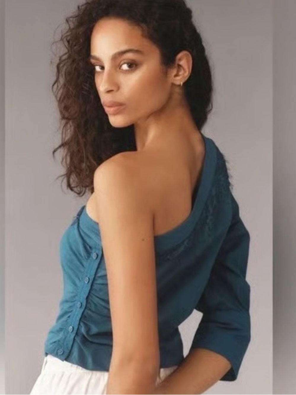 Anthropologie Teal One-Shoulder Lace-Trim Crop Top